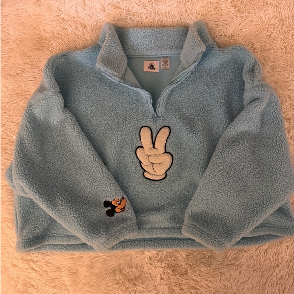 Disney Tops - Disney Light Blue Sherpa Pullover with Peace Hand Embroidery